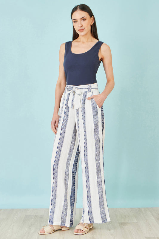 White Linen Mix Cropped Trousers With Tie Belt