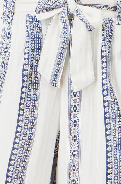 White Linen Mix Cropped Trousers With Tie Belt