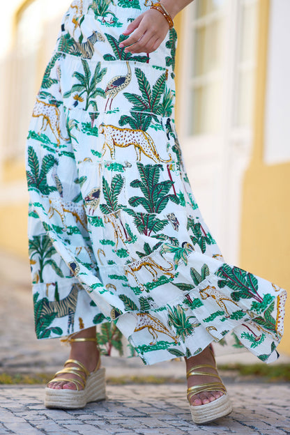 White Animal Print Cotton Tiered Maxi Skirt