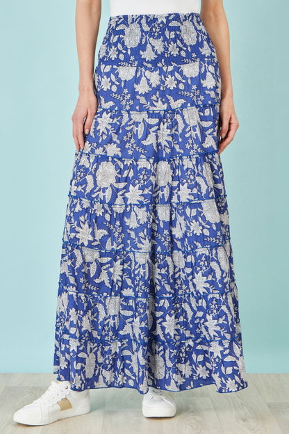 Blue Floral Cotton Tiered Maxi Skirt