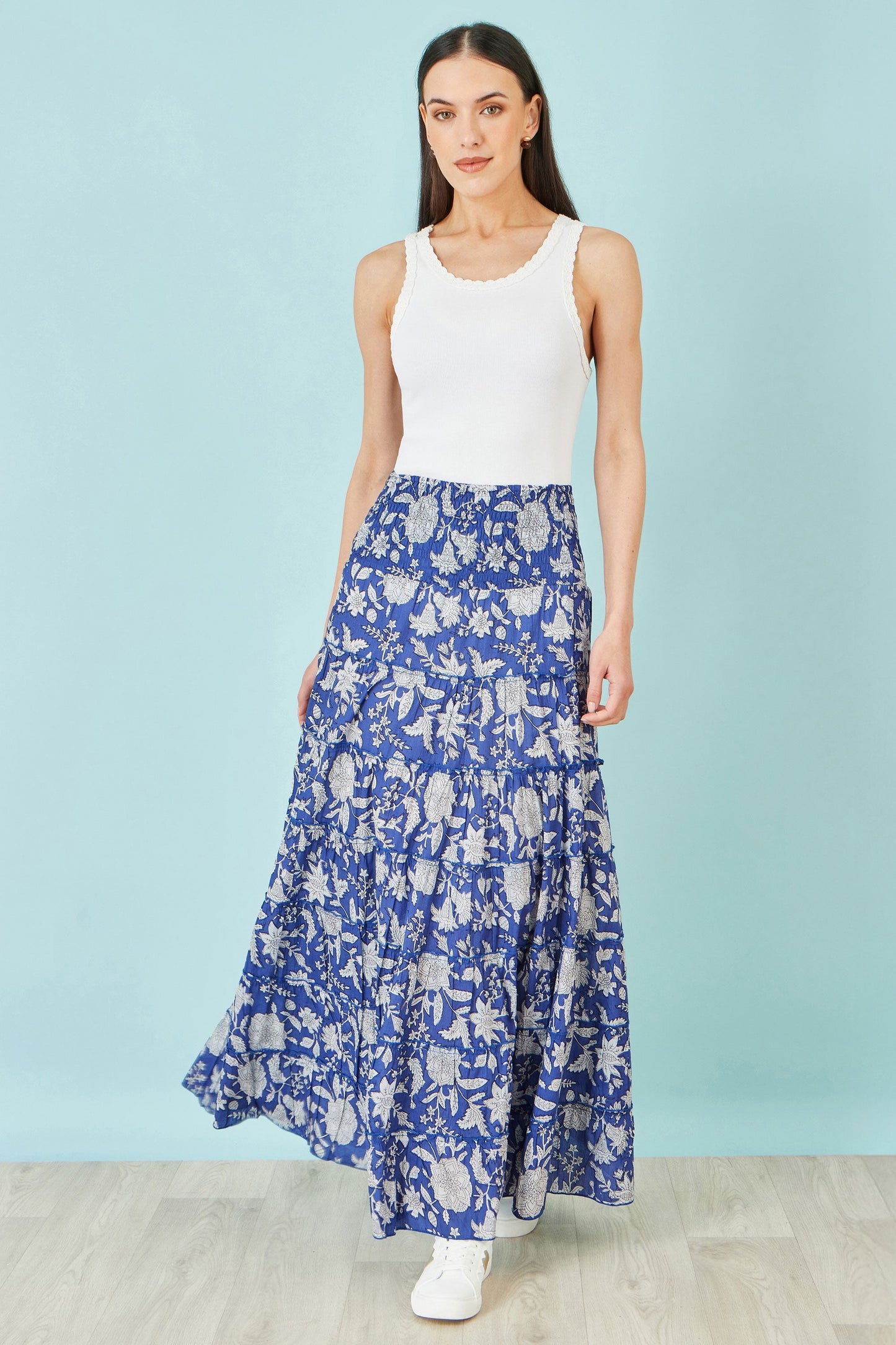 Blue Floral Cotton Tiered Maxi Skirt