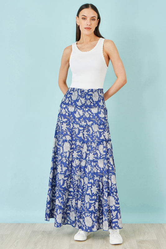 Blue Floral Cotton Tiered Maxi Skirt