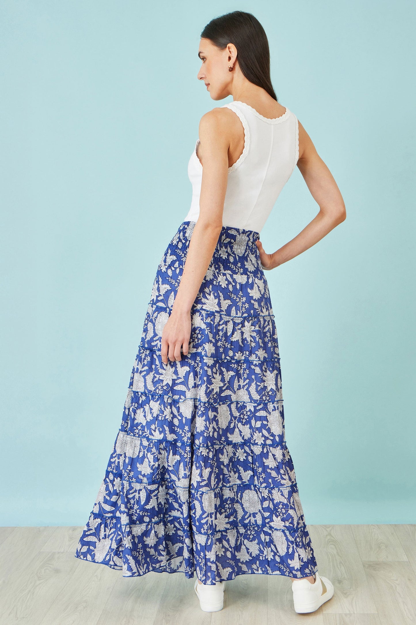 Blue Floral Cotton Tiered Maxi Skirt