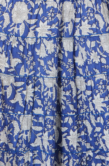Blue Floral Cotton Tiered Maxi Skirt
