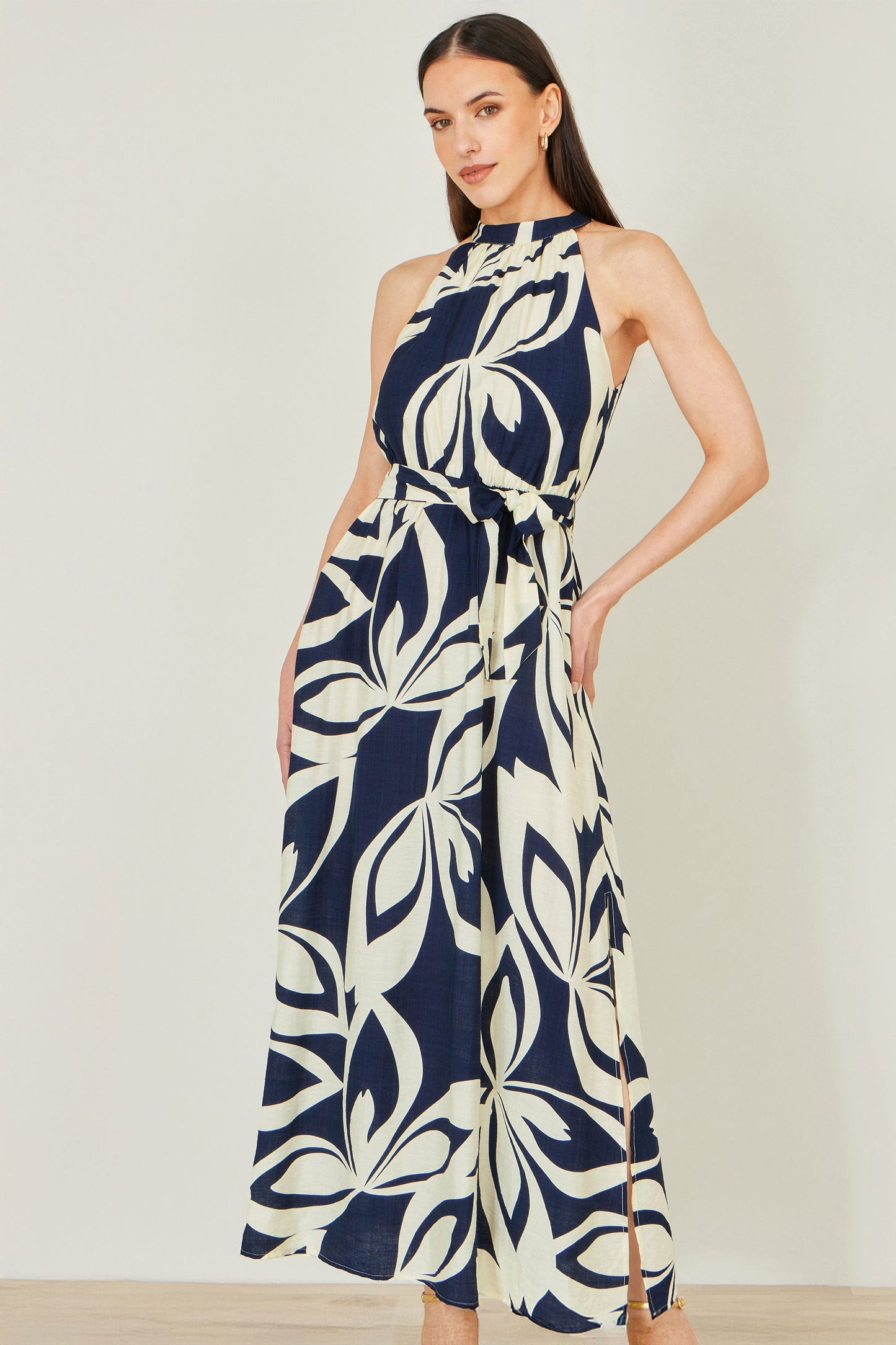 Navy Geo Swirl Print Halter Maxi Dress