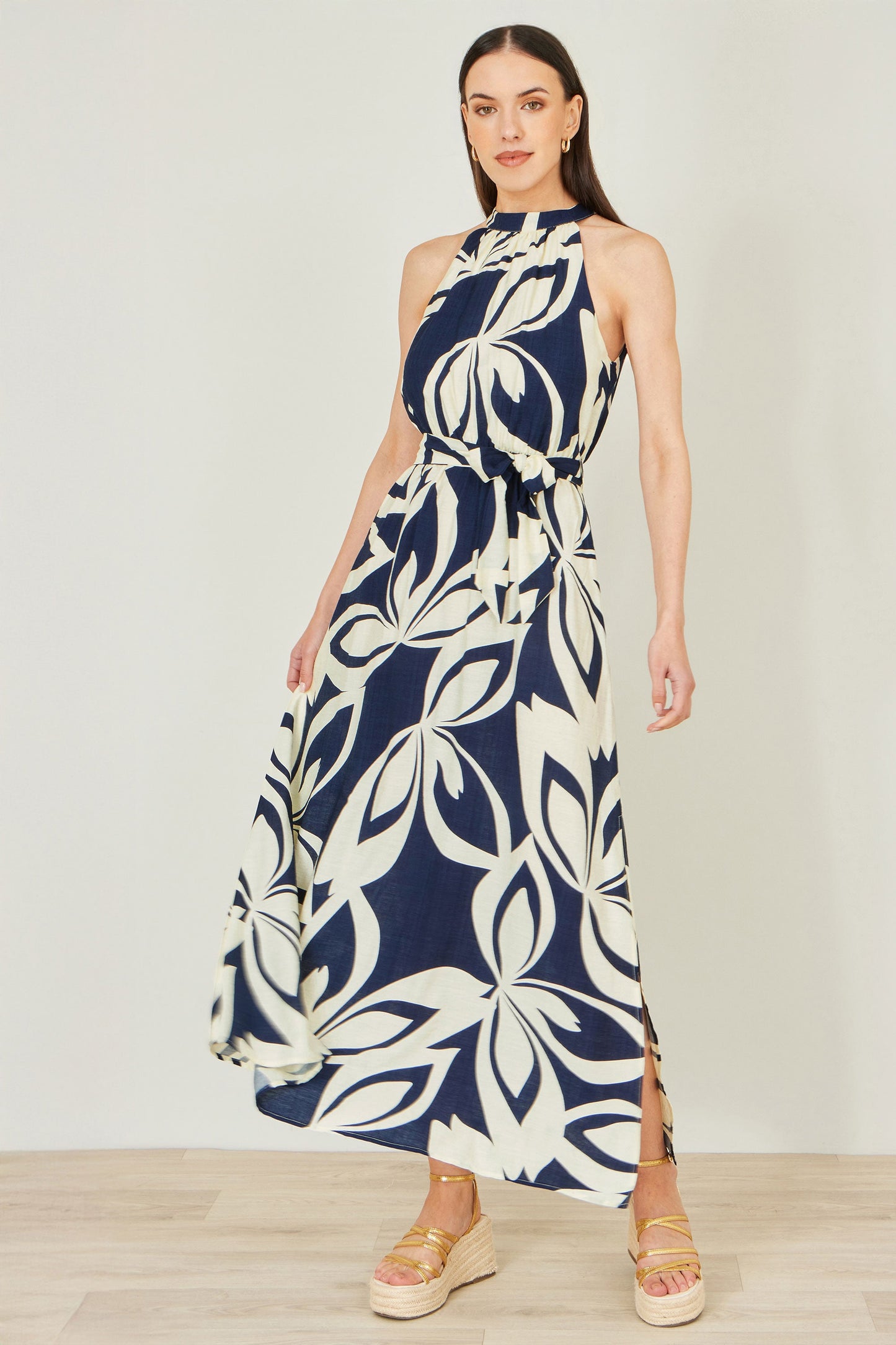 Navy Geo Swirl Print Halter Maxi Dress