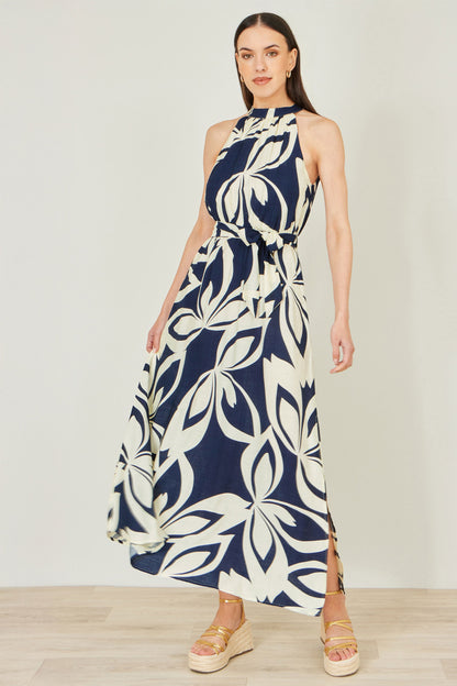 Navy Geo Swirl Print Halter Maxi Dress