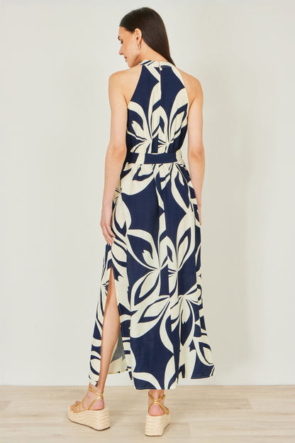 Navy Geo Swirl Print Halter Maxi Dress