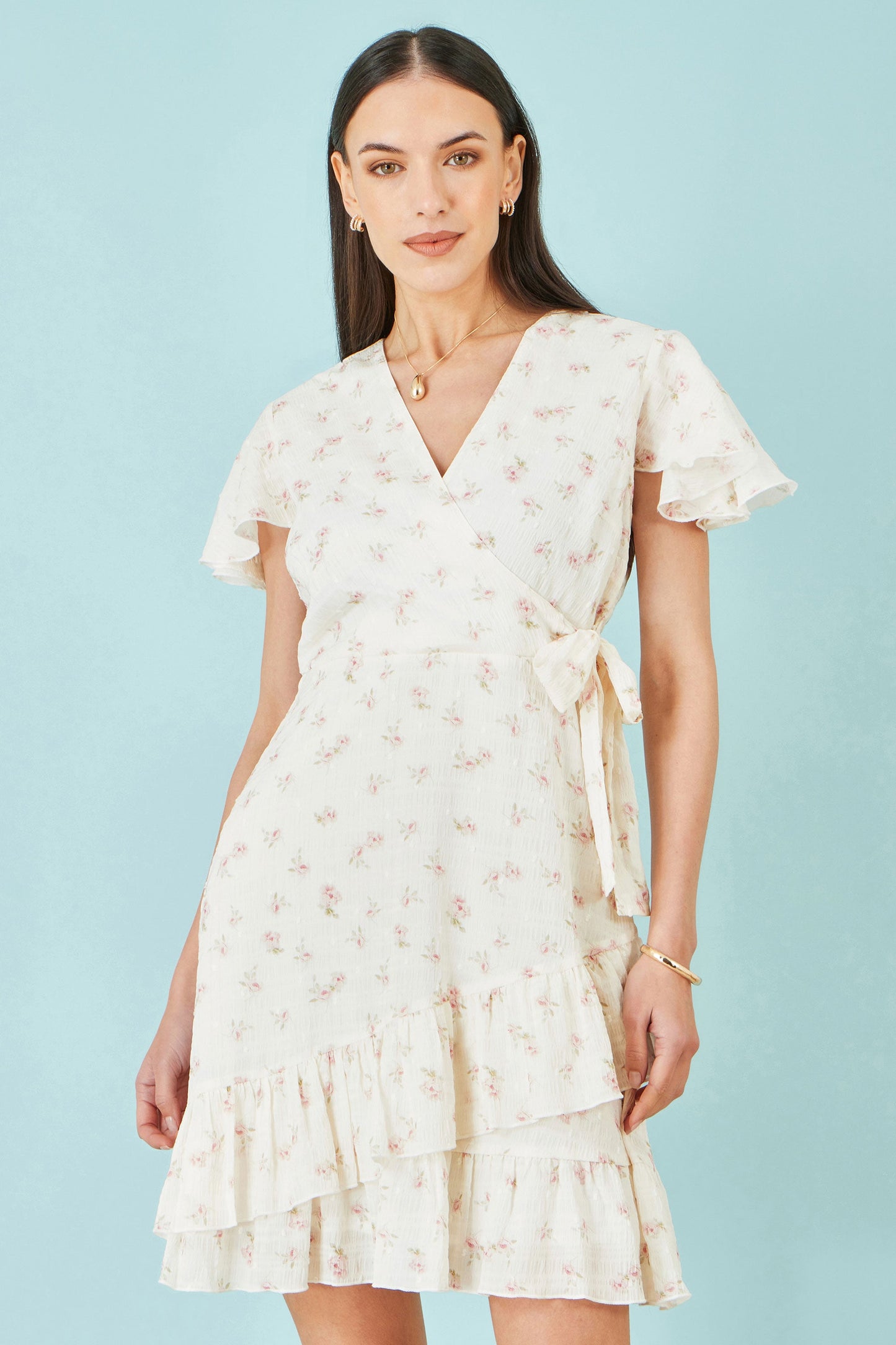 White Rose Print Wrap Over Frill Dress