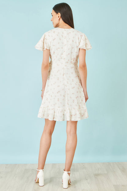 White Rose Print Wrap Over Frill Dress