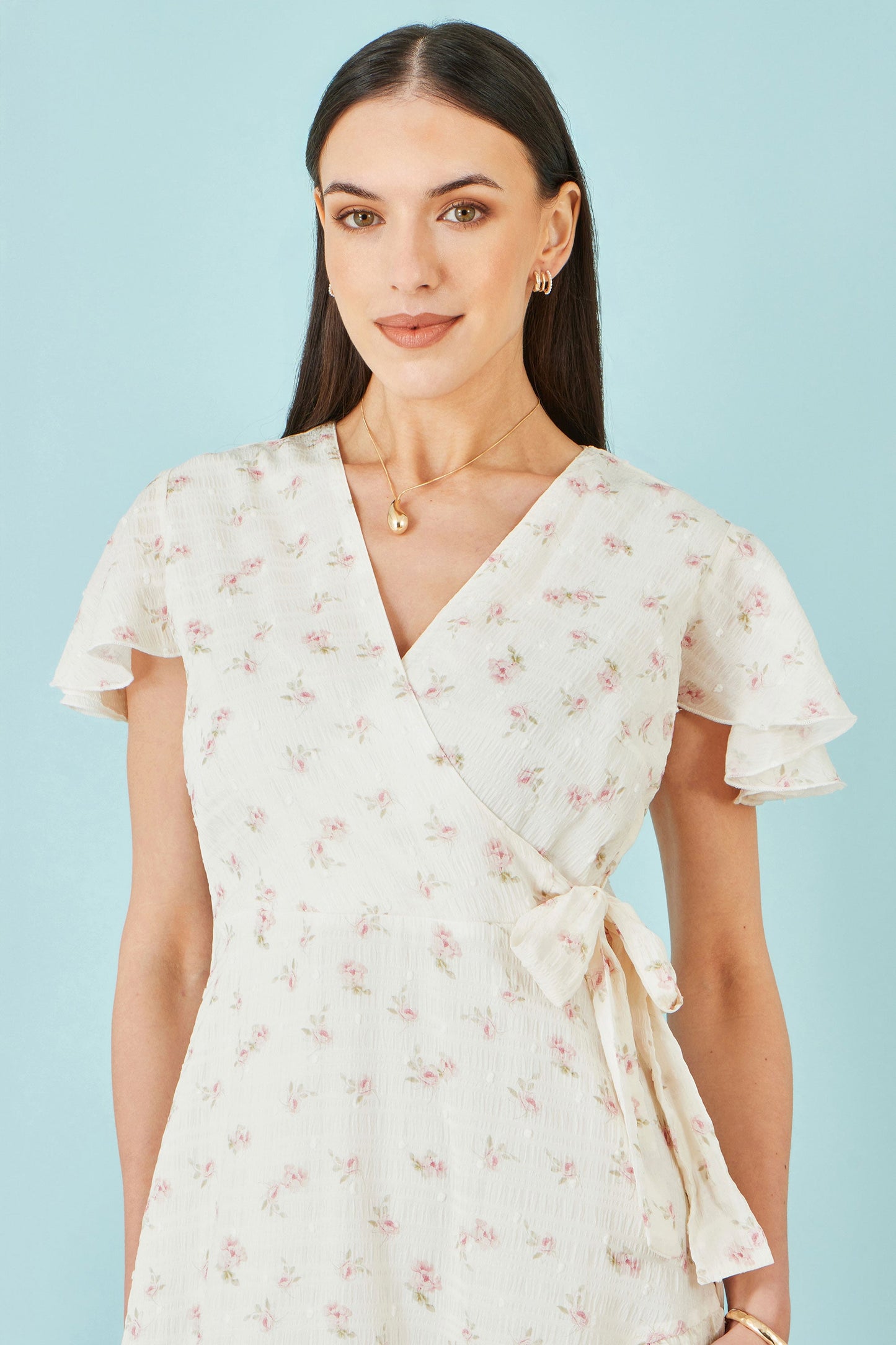 White Rose Print Wrap Over Frill Dress