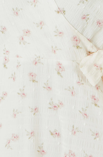 White Rose Print Wrap Over Frill Dress