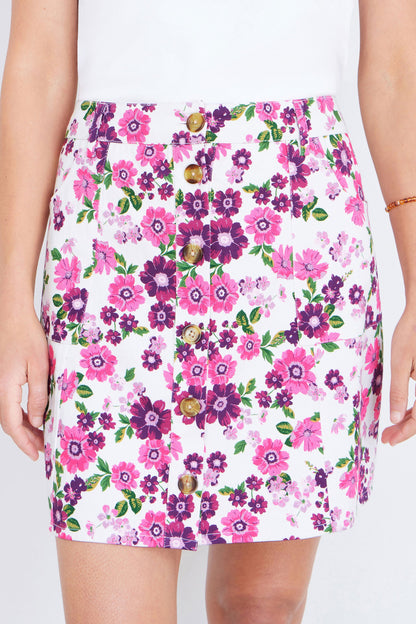 Pink Retro Floral Cotton Stretch Mini Skirt