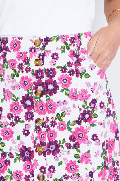 Pink Retro Floral Cotton Stretch Mini Skirt
