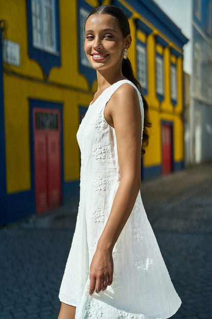 White Cotton Applique Flower Swing Shift Dress