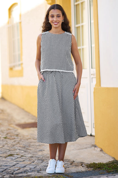 Black Gingham Cotton Top With Lace Trims