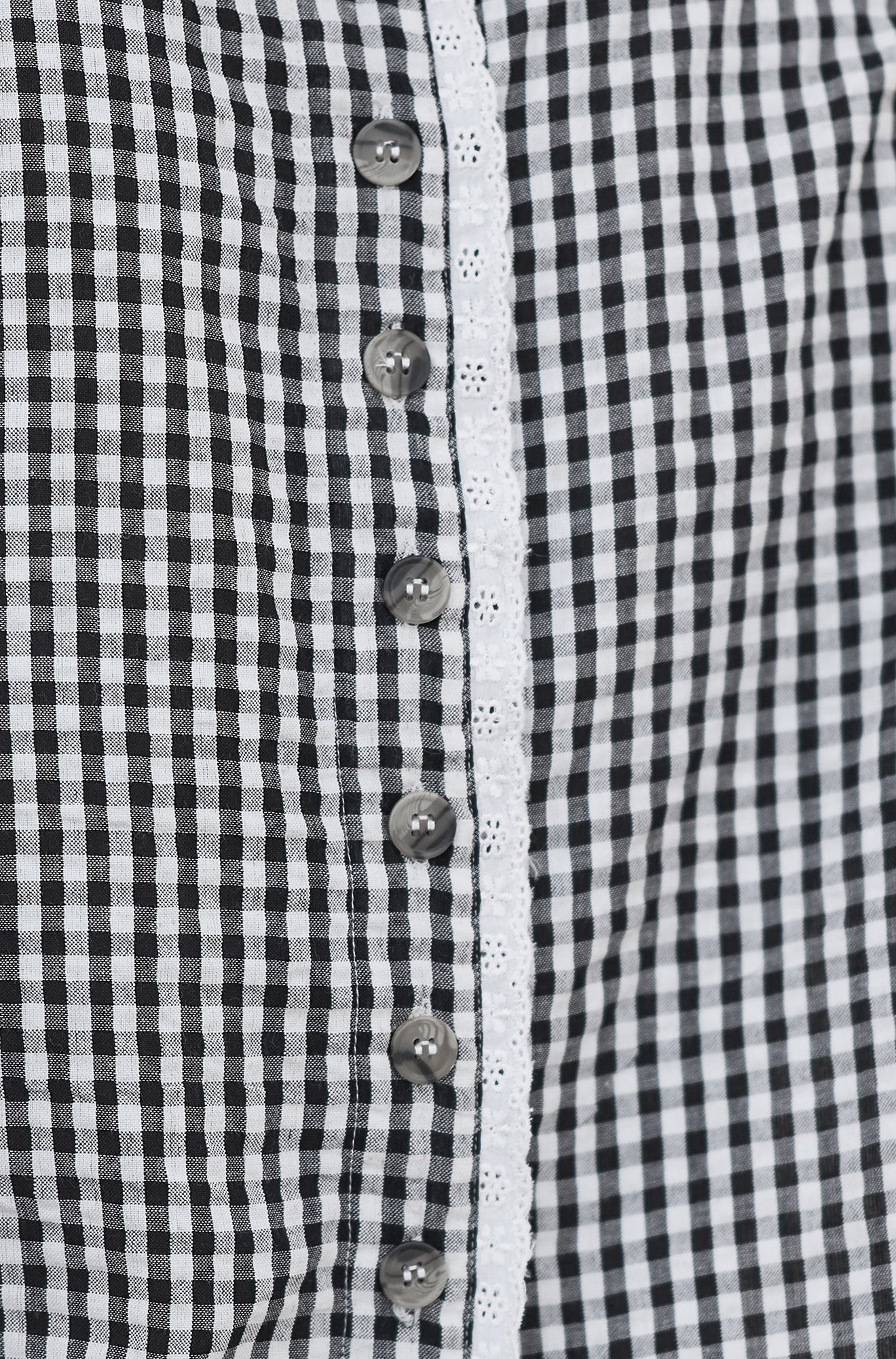Black Gingham Cotton Top With Lace Trims