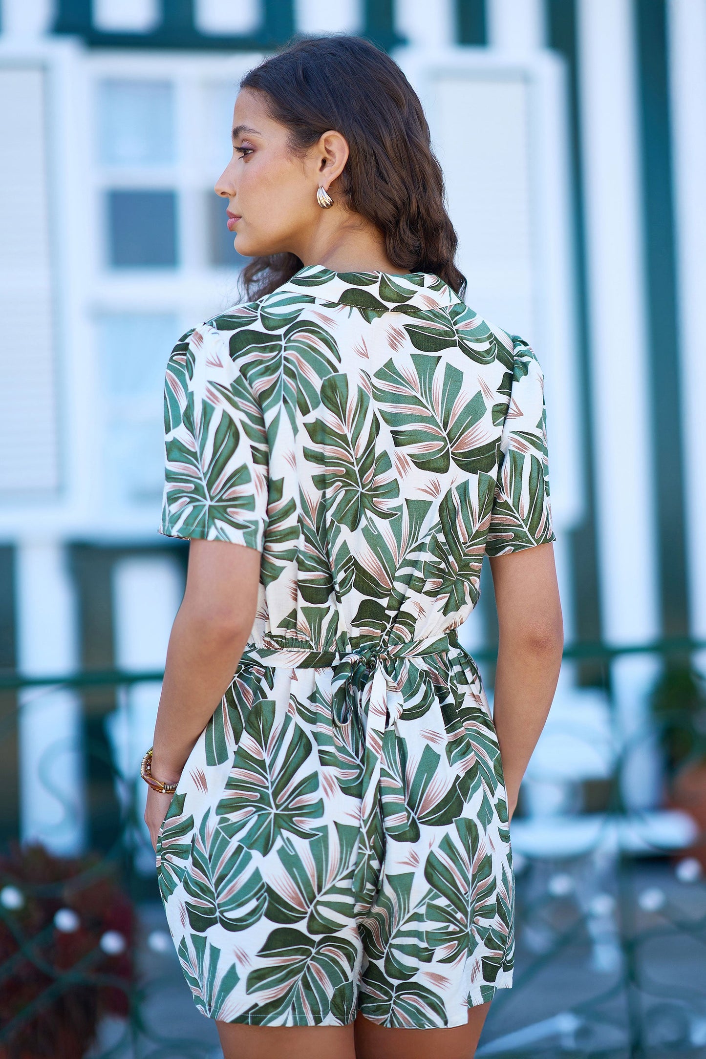 Green Viscose Leaf Print Retro Playsuit