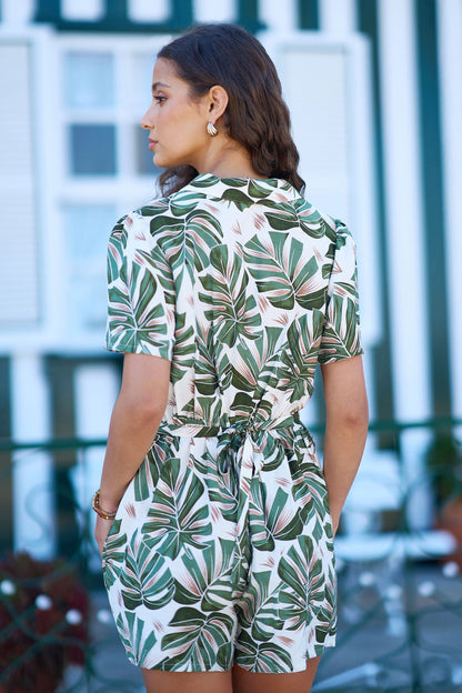 Green Viscose Leaf Print Retro Playsuit