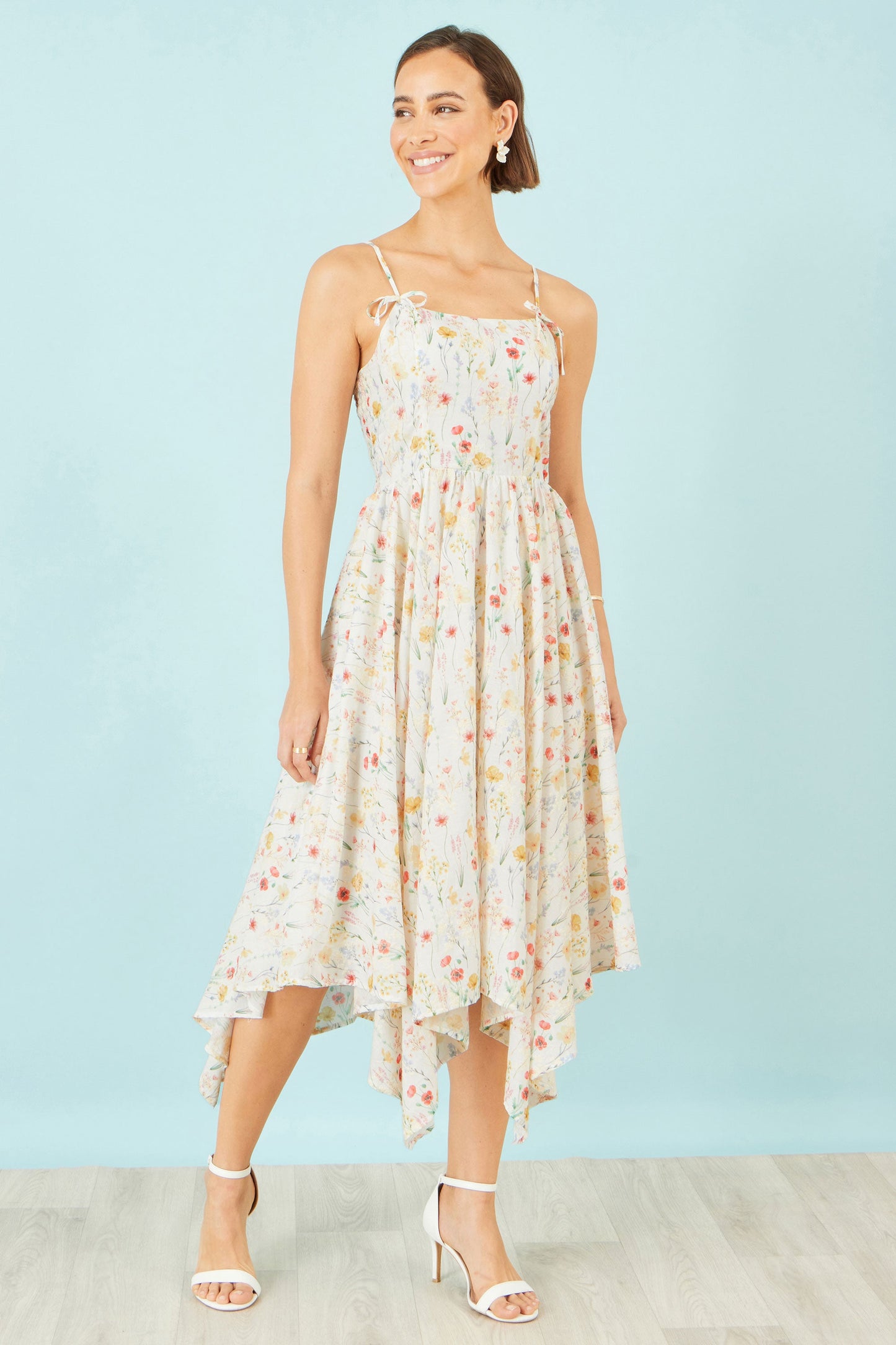 White Botanical Embroidery Fabric Handkerchief Hem Dress