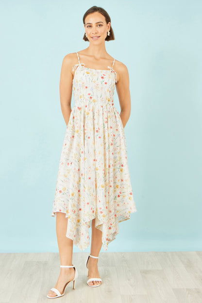White Botanical Embroidery Fabric Handkerchief Hem Dress