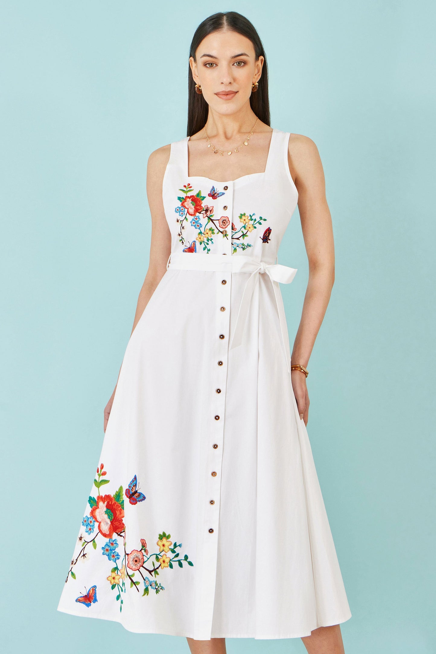 White Cotton Midi Dress With Embroidery