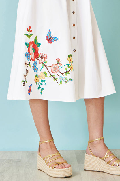 White Cotton Midi Dress With Embroidery
