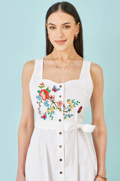 White Cotton Midi Dress With Embroidery