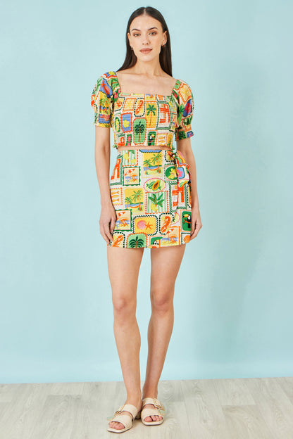 Multicolour Postcard Print Cotton Wrap Skirt