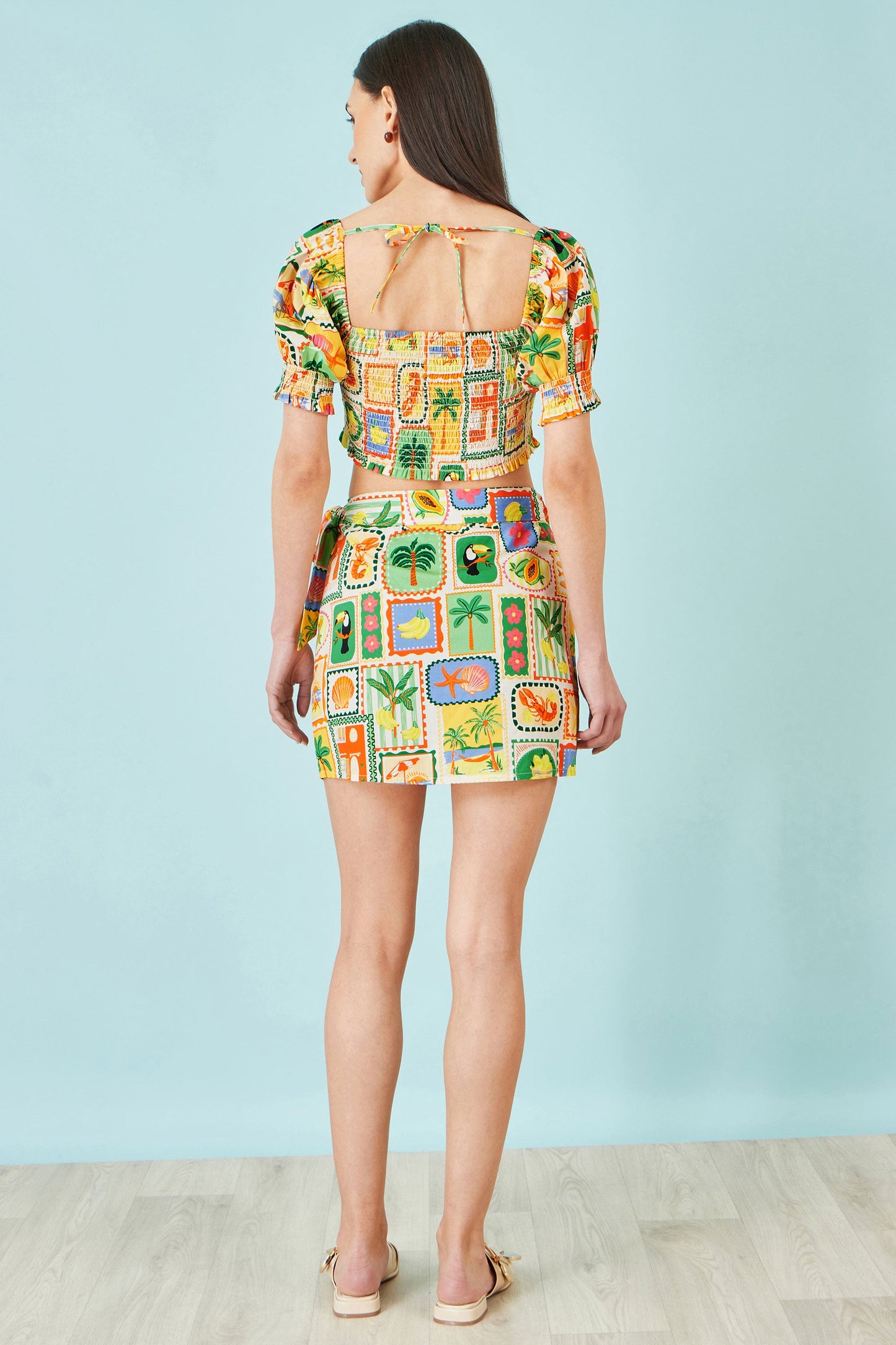 Multicolour Postcard Print Cotton Wrap Skirt