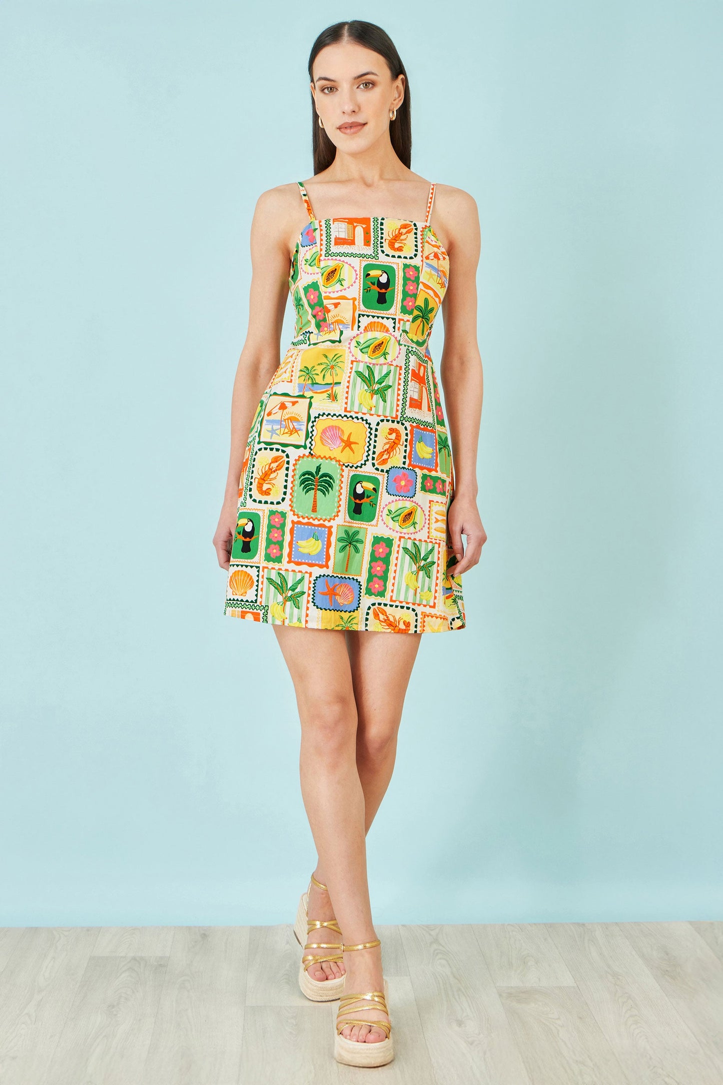 Multicolour Postcard Print Mini Sun Dress