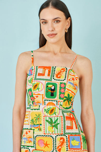 Multicolour Postcard Print Mini Sun Dress