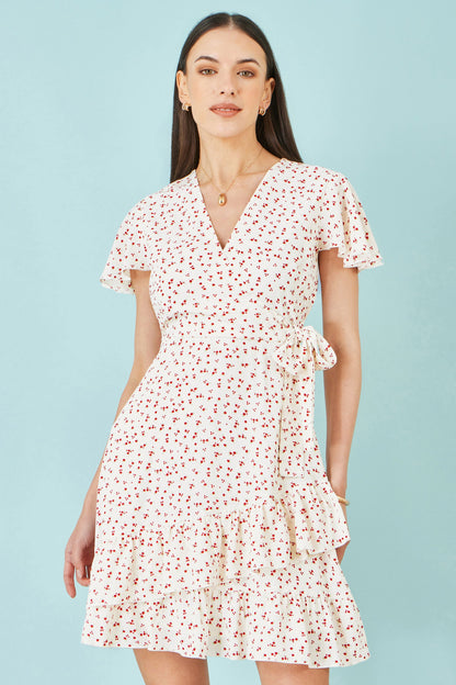 White Ditsy Print Frill Wrap Dress
