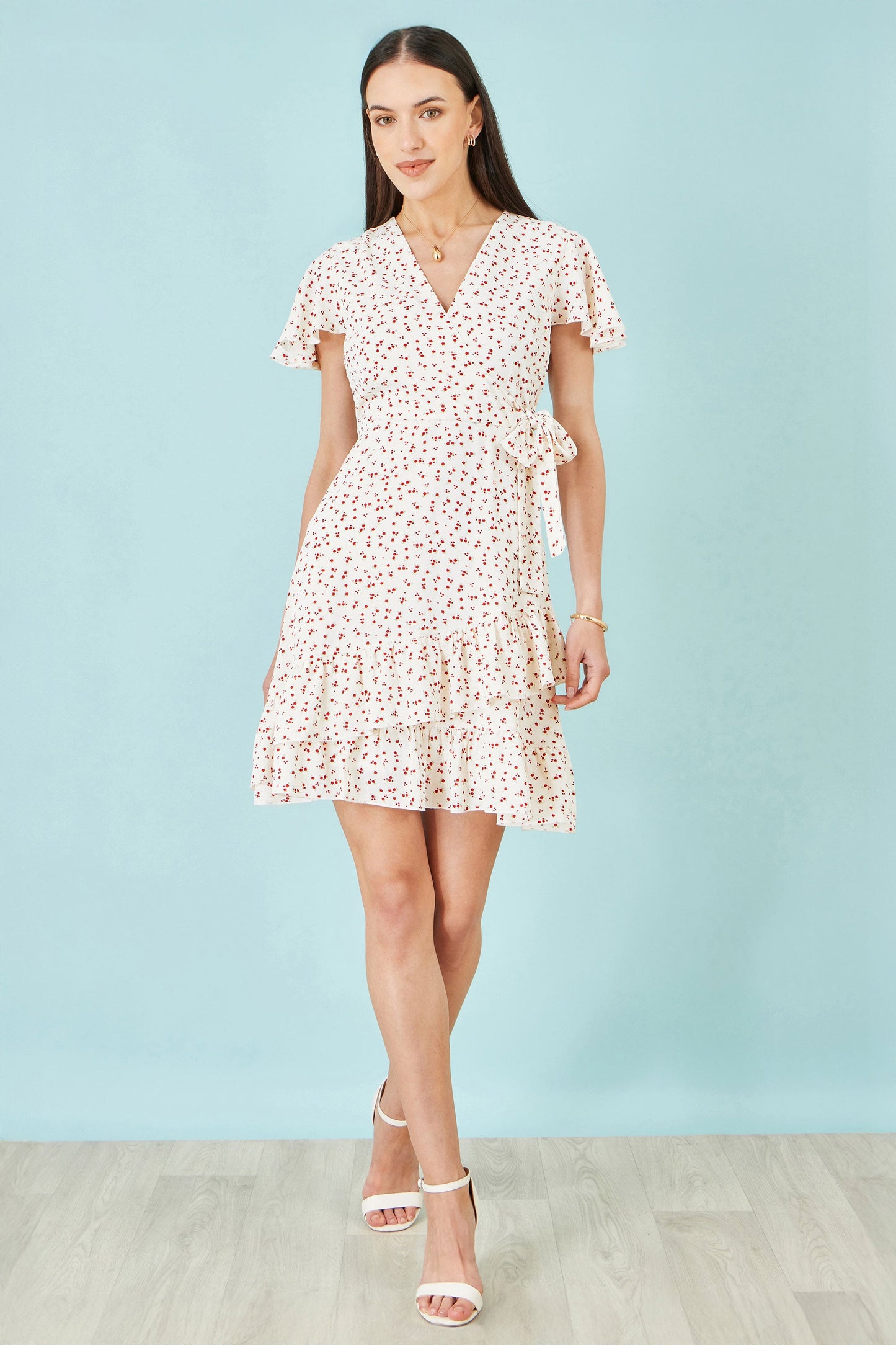 White Ditsy Print Frill Wrap Dress