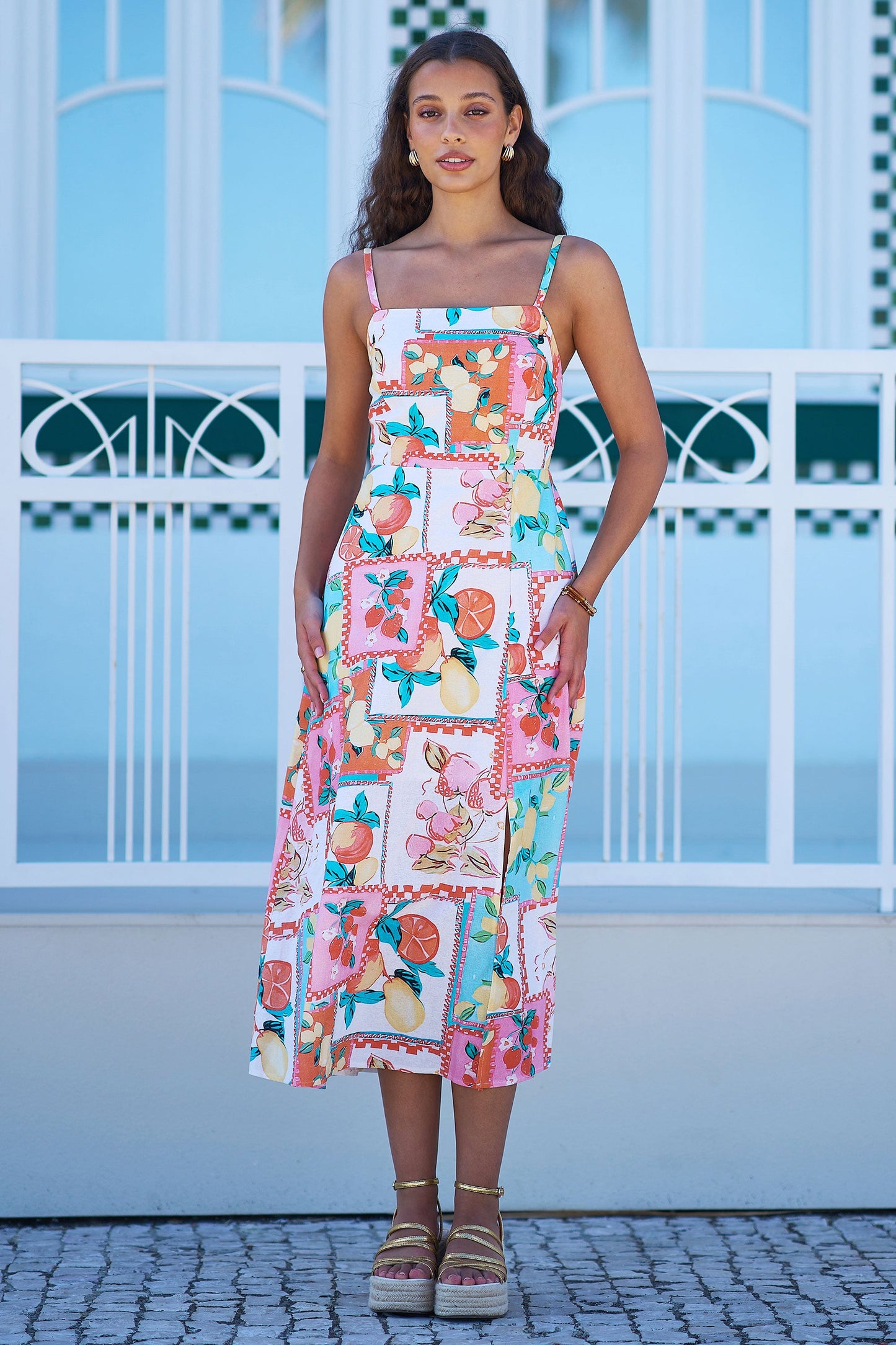Multicolour Fruit Print Midi Sun Dress Ruched Back