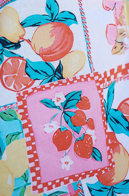 Multicolour Fruit Print Midi Sun Dress Ruched Back
