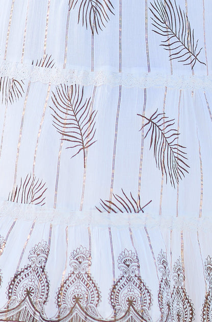 Ivory Foil Print Midi Sun Dress With Lace Trims