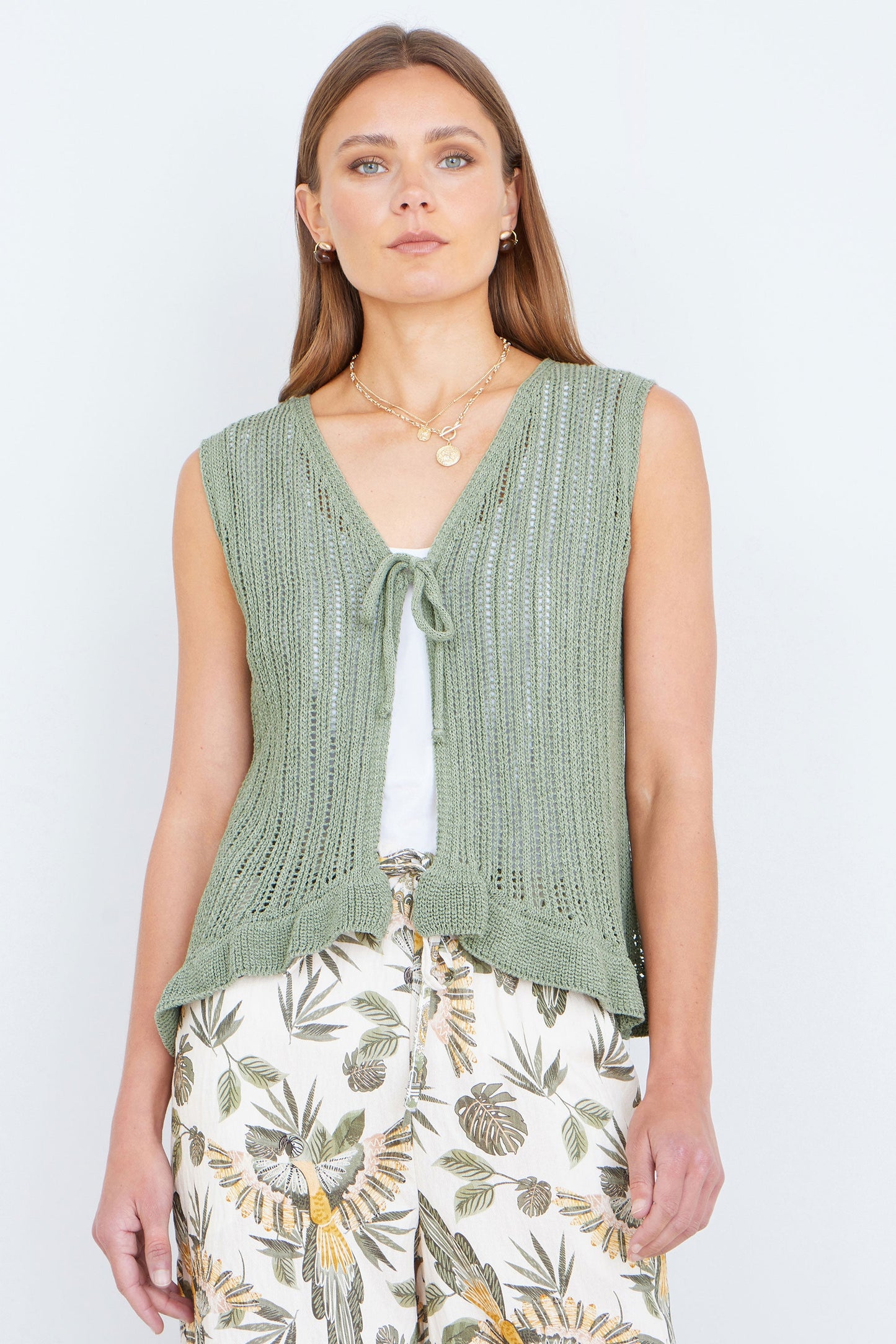 Green Knitted Cotton Tie Waistcoat Top