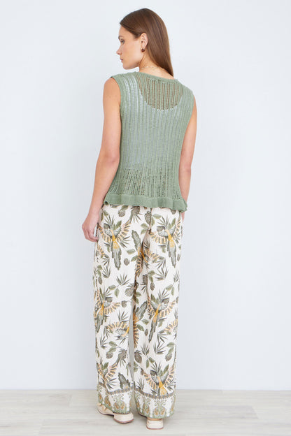 Green Knitted Cotton Tie Waistcoat Top