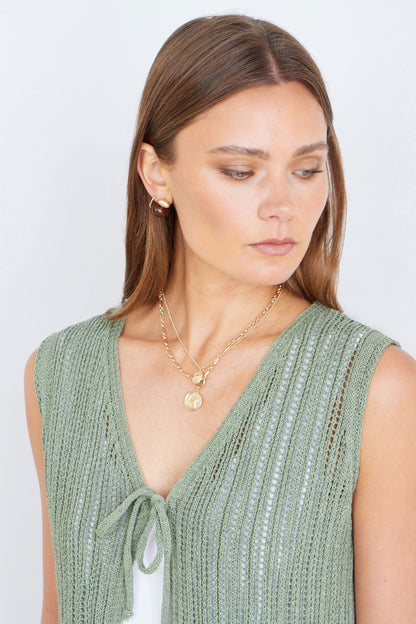 Green Knitted Cotton Tie Waistcoat Top