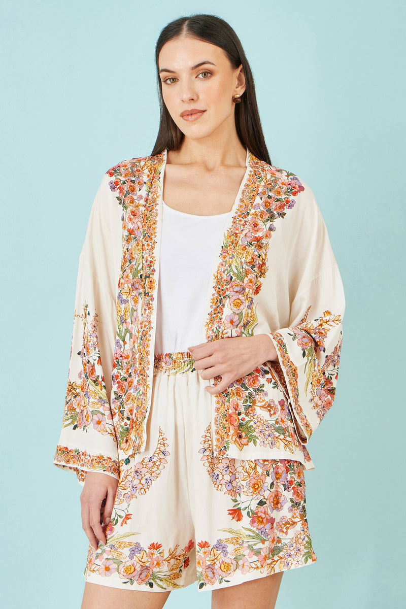 Ivory Viscose Floral Border Kimono With Tie Belt