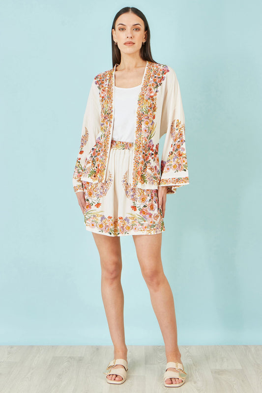 Ivory Viscose Floral Border Kimono With Tie Belt