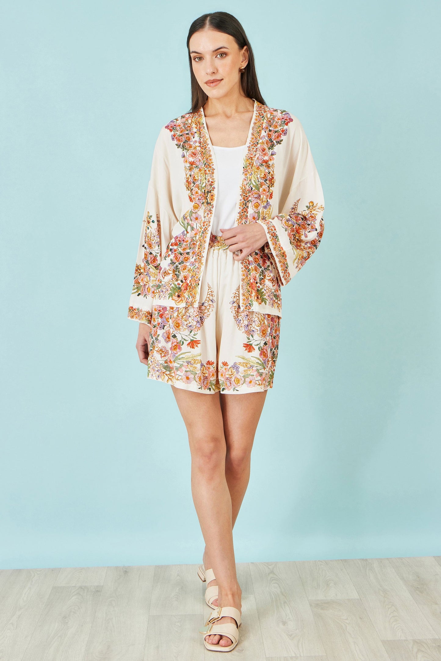 Ivory Viscose Floral Border Kimono With Tie Belt