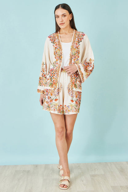 Ivory Viscose Floral Border Kimono With Tie Belt