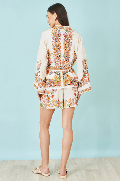 Ivory Viscose Floral Border Kimono With Tie Belt