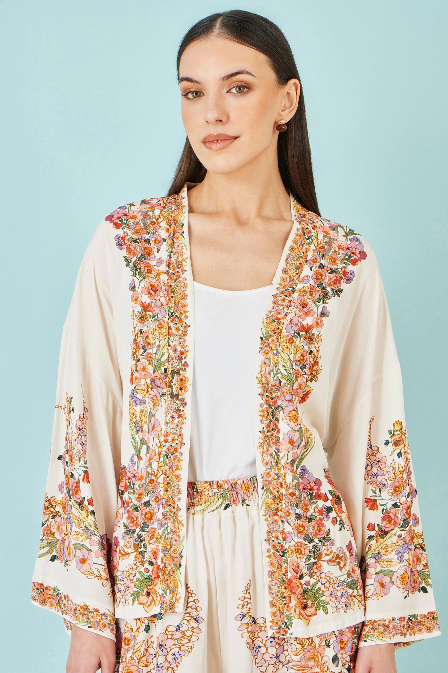 Ivory Viscose Floral Border Kimono With Tie Belt