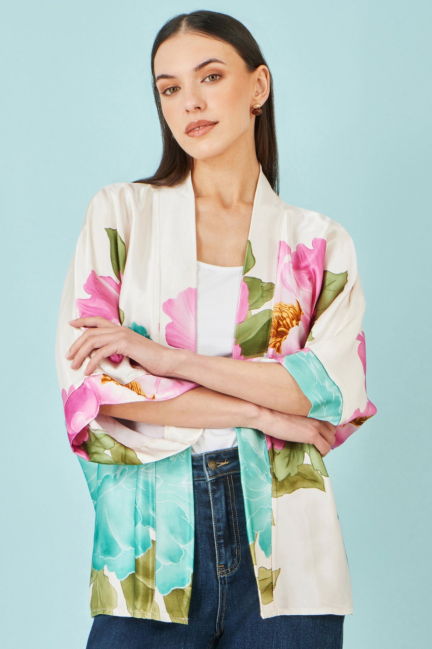 Ivory Floral Print Relaxed Kimono