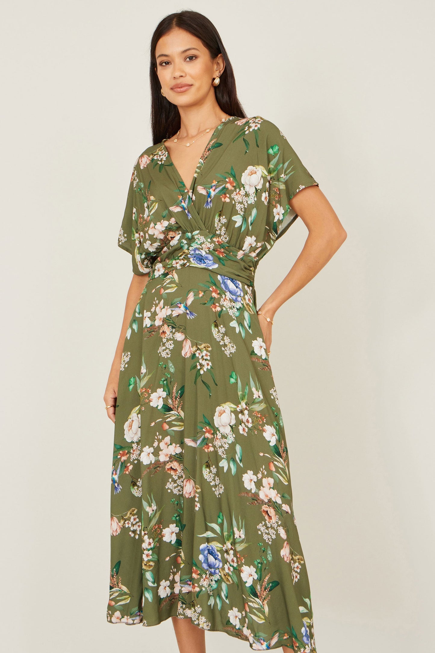 Sage Green Viscose Floral Print Midi Dress With Ruched Waist