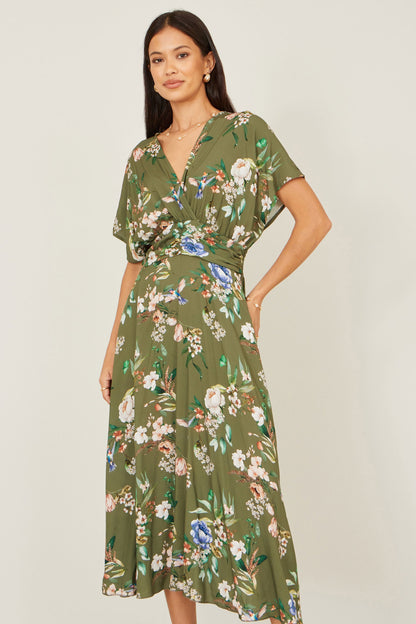 Sage Green Viscose Floral Print Midi Dress With Ruched Waist