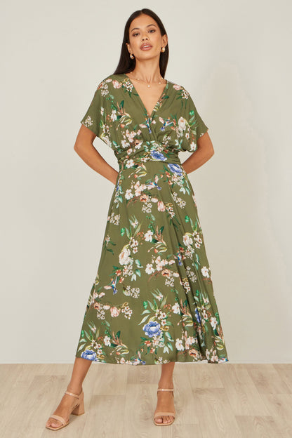 Sage Green Viscose Floral Print Midi Dress With Ruched Waist